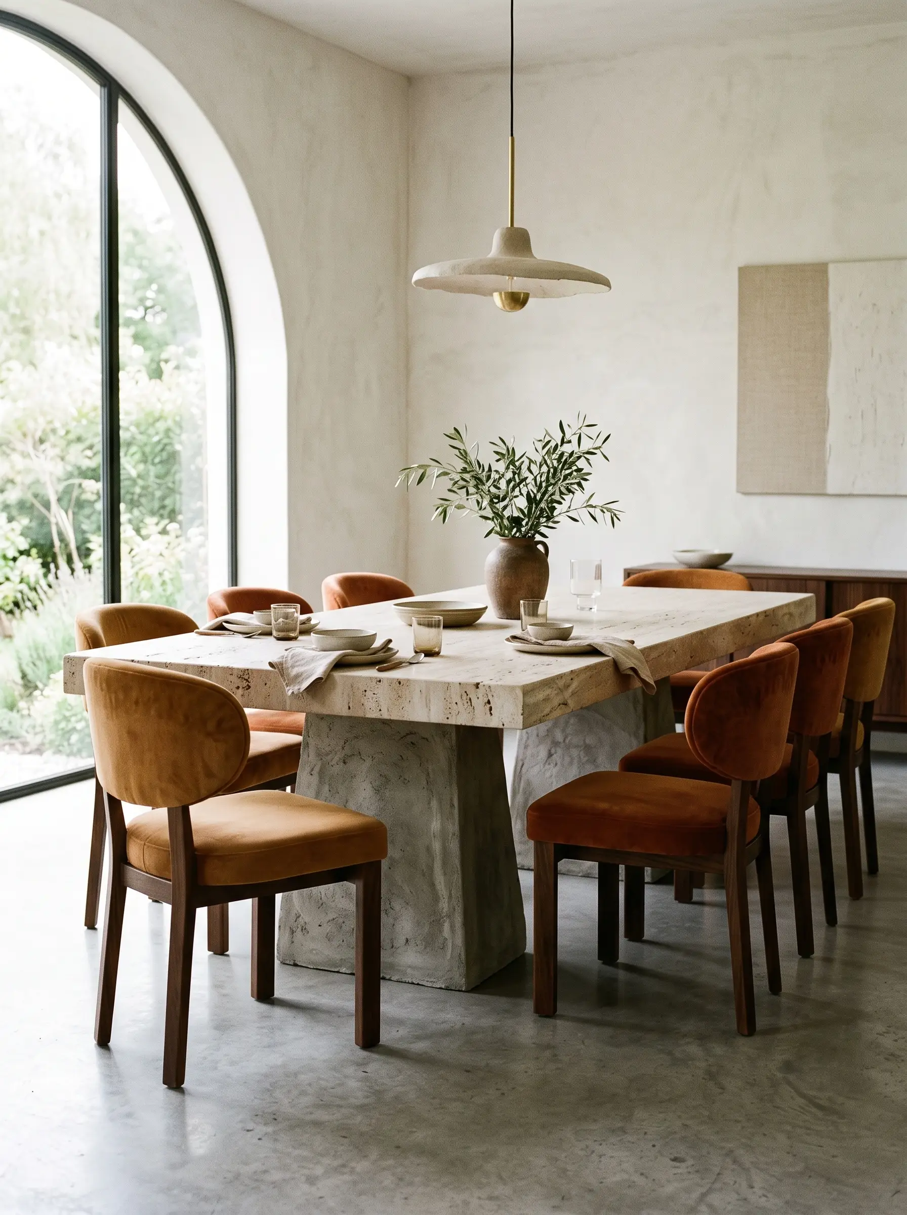 A monolithic unfilled Italian travertine and poured micro-cement dining table is surrounded by plush velvet upholstered seating in an austere room.