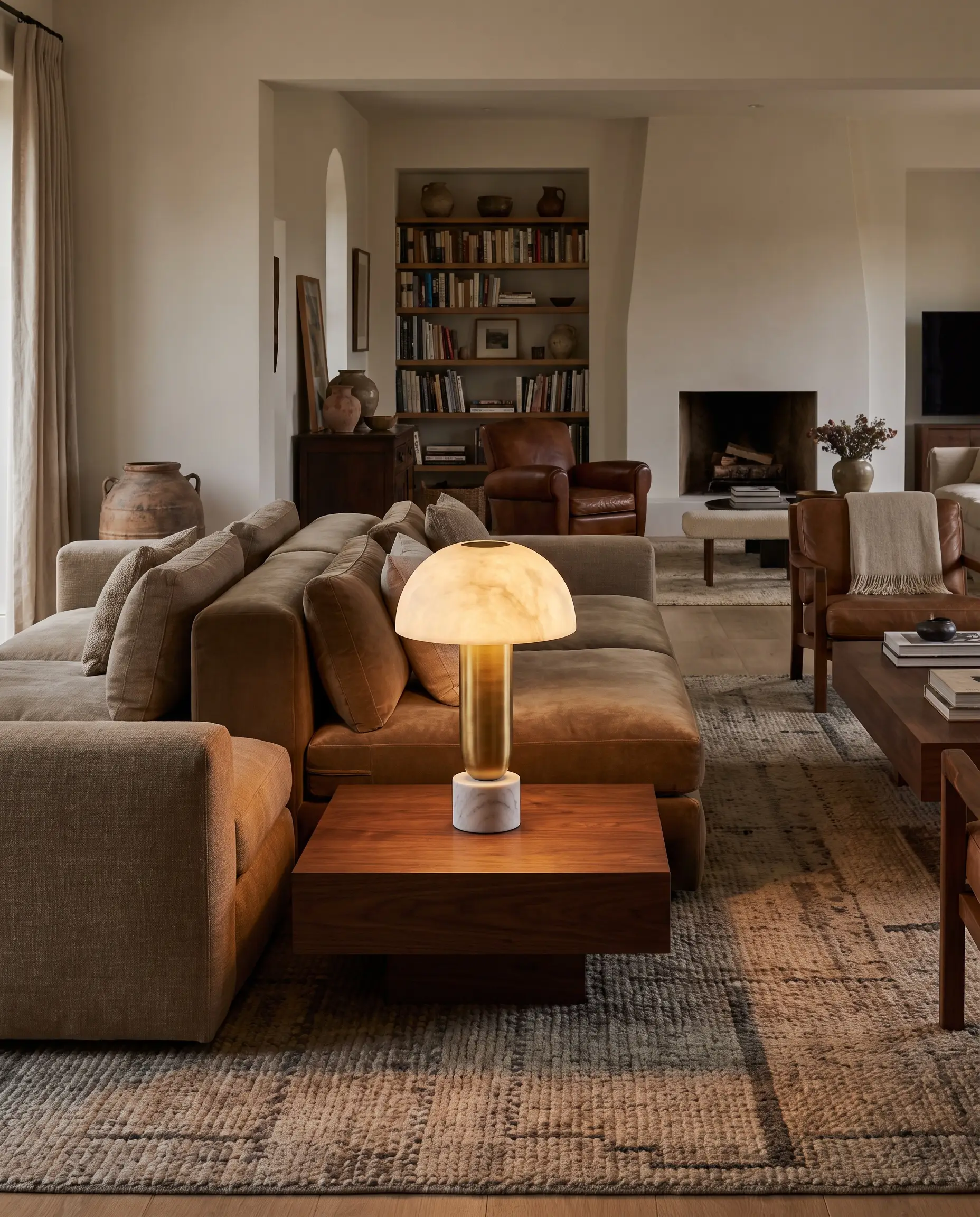A solid unlacquered brass cordless rechargeable lamp with a honed marble base and alabaster shade rests on a central floating coffee table near a plush modular sofa.