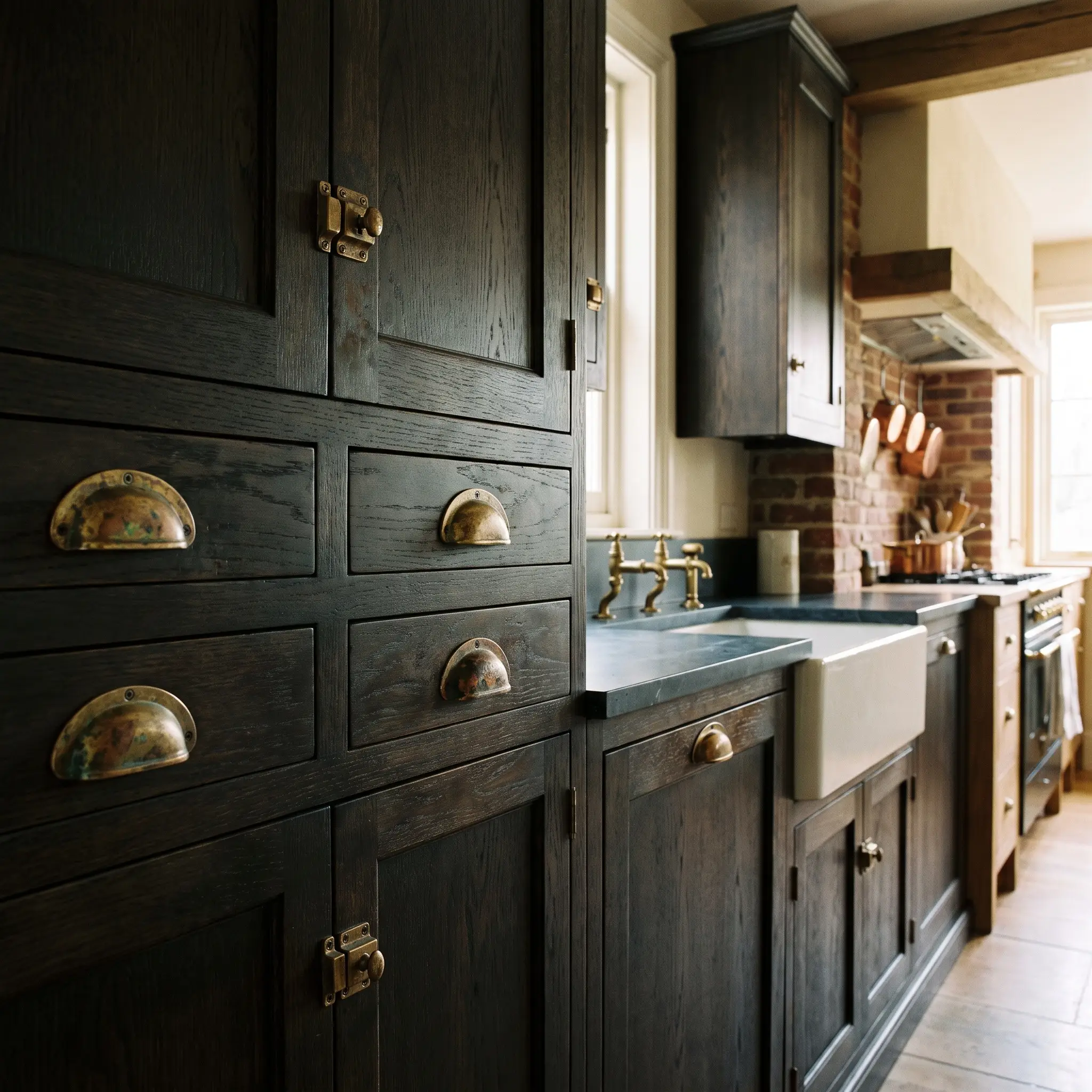 Dark bespoke cabinetry is adorned with heavy unlacquered brass cup pulls and latches showing a tactile patina above a functional stone prep counter.