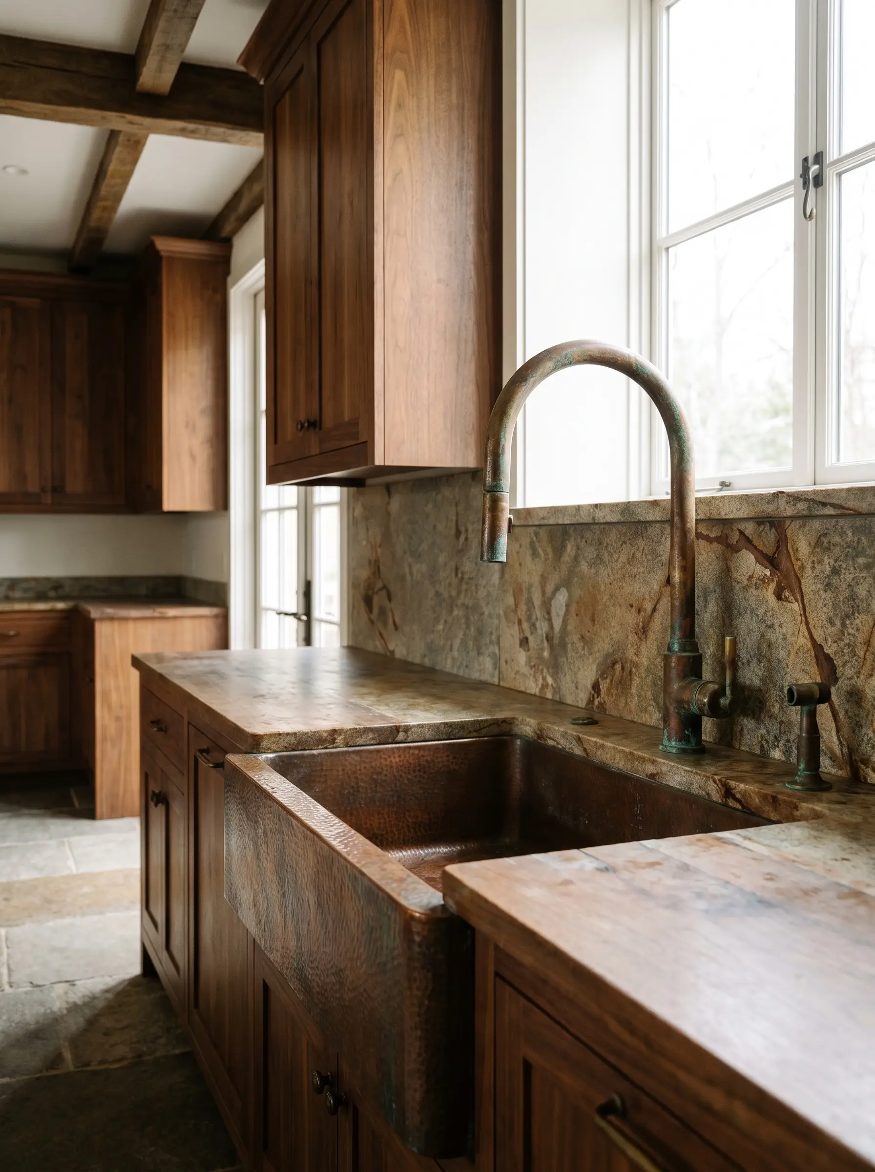 An unlacquered brass faucet with natural patina pairs with a raw copper apron-front sink against an unsealed natural stone backsplash.