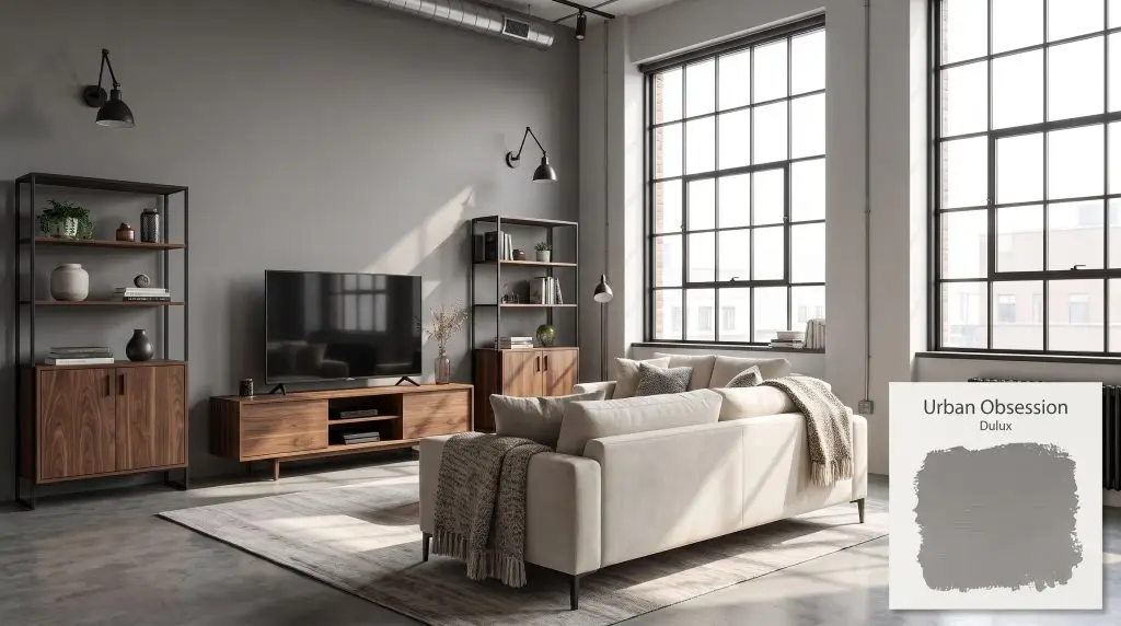 Rich walnut cabinetry and matte black steel fixtures anchor a contemporary industrial space featuring Dulux Urban Obsession (Hex #808080) walls.