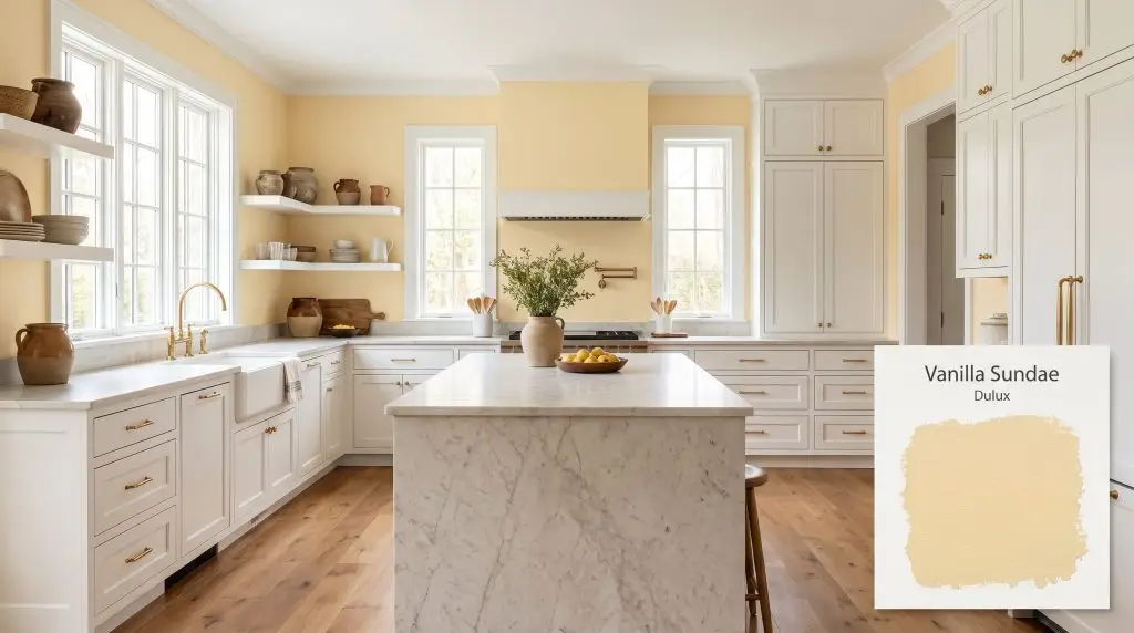 Crisp white shaker cabinets and a light marble island stand out against walls painted in Dulux Vanilla Sundae (Hex #FBE5AD) in this daylight-flooded kitchen.