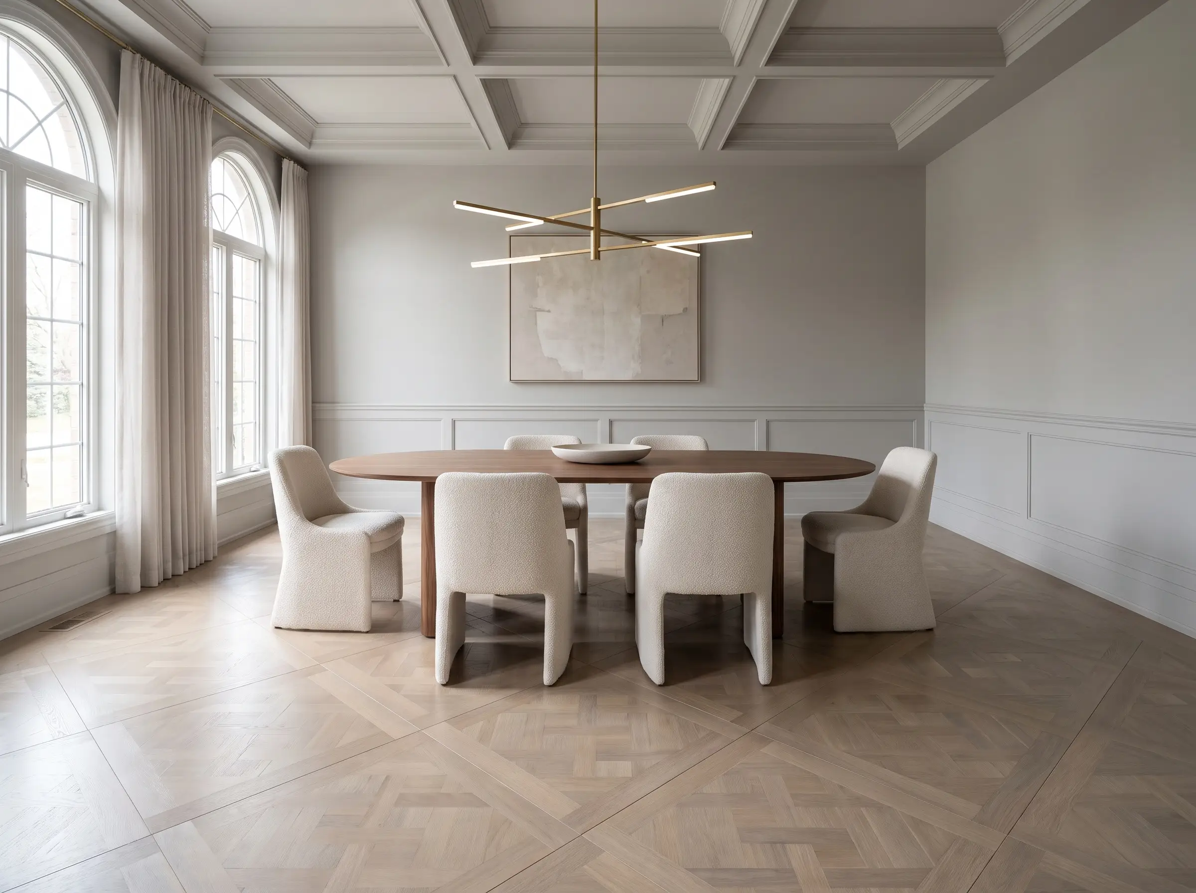 Un sofisticato parquet Versailles con finitura opaca impreziosisce una sala da pranzo formale con tavolo ovale in noce e sedute in bouclé crema.