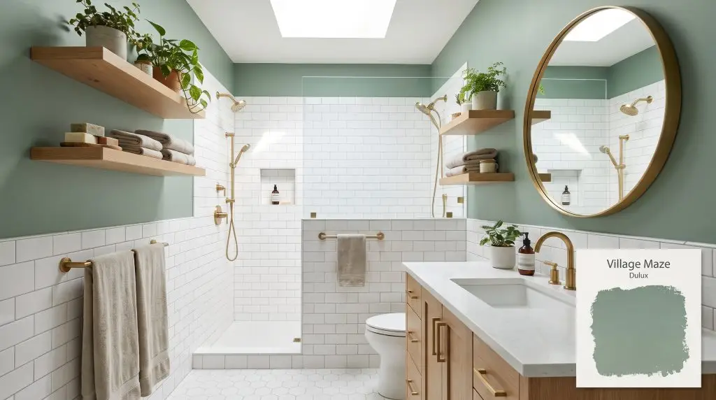 Crisp white subway tiles and natural oak floating shelves complement the muted sage green walls painted in Dulux Village Maze (Hex #7EA28F).