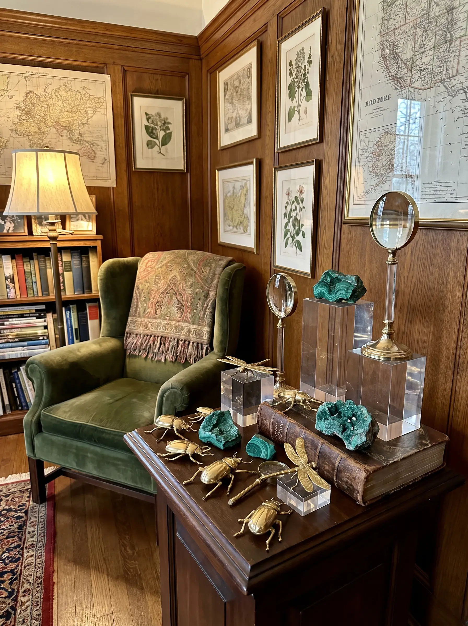 Vintage brass insects, malachite stones, and antique magnifying glasses rest on a dedicated pedestal beside a plush velvet reading chair.