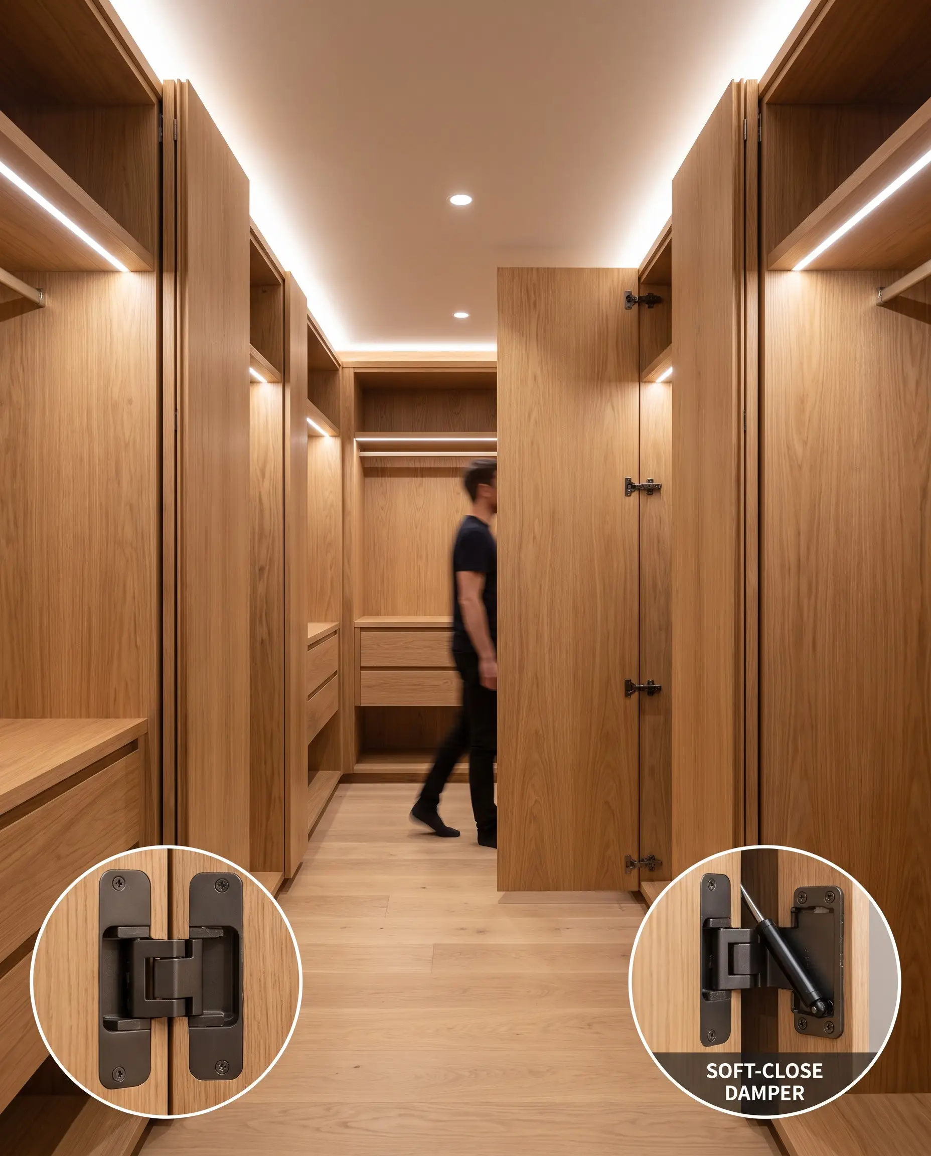 Flat-panel solid wood doors utilize concealed European hinges to fold completely flat against adjacent cabinets, showcasing 2027 closet and wardrobe design trends.