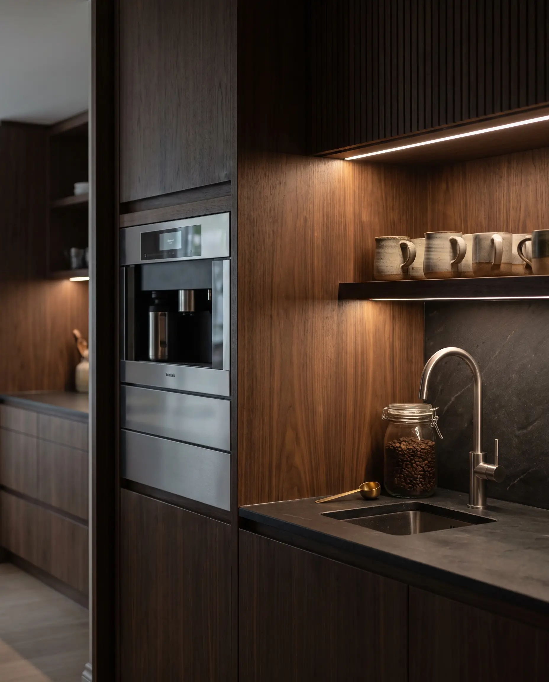 Dark walnut cabinetry houses a brushed stainless steel built-in espresso machine and a dedicated reverse-osmosis water tap beside ceramic mugs and fresh coffee beans.