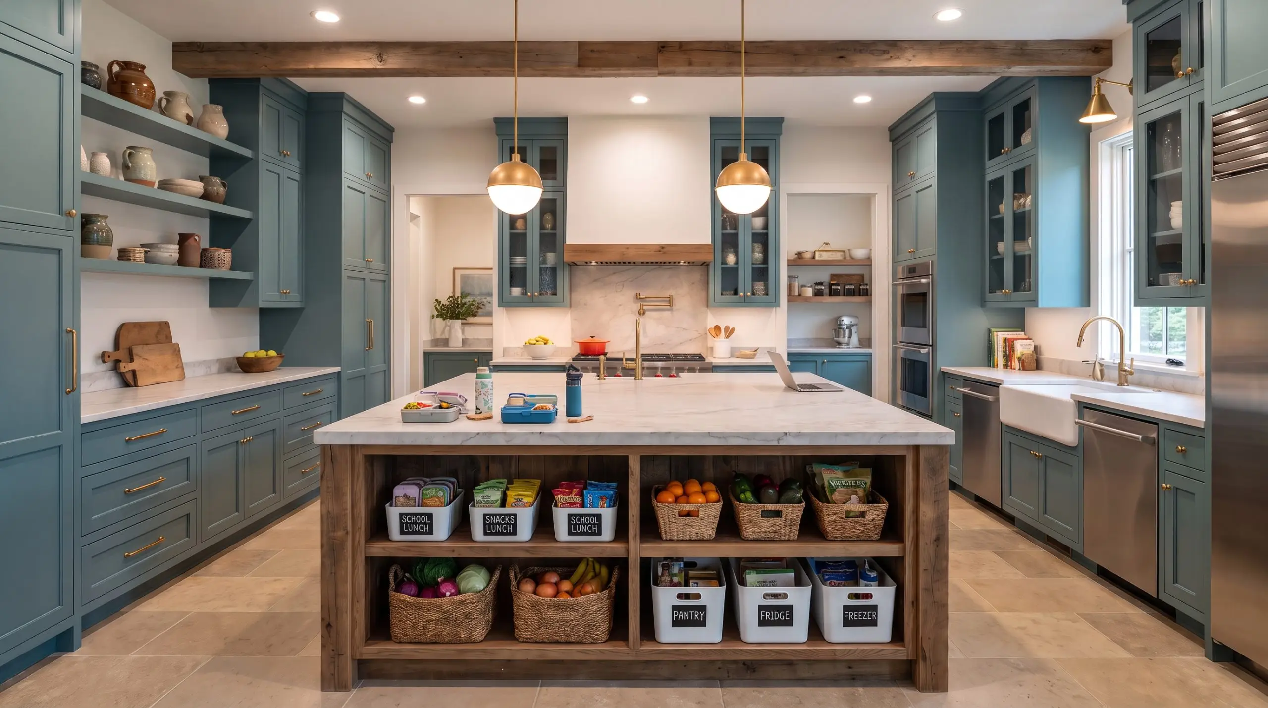 Walk in pantry and scullery trends feature a large dedicated secondary prep island styled with sorted groceries surrounded by custom millwork and ample walking clearance.