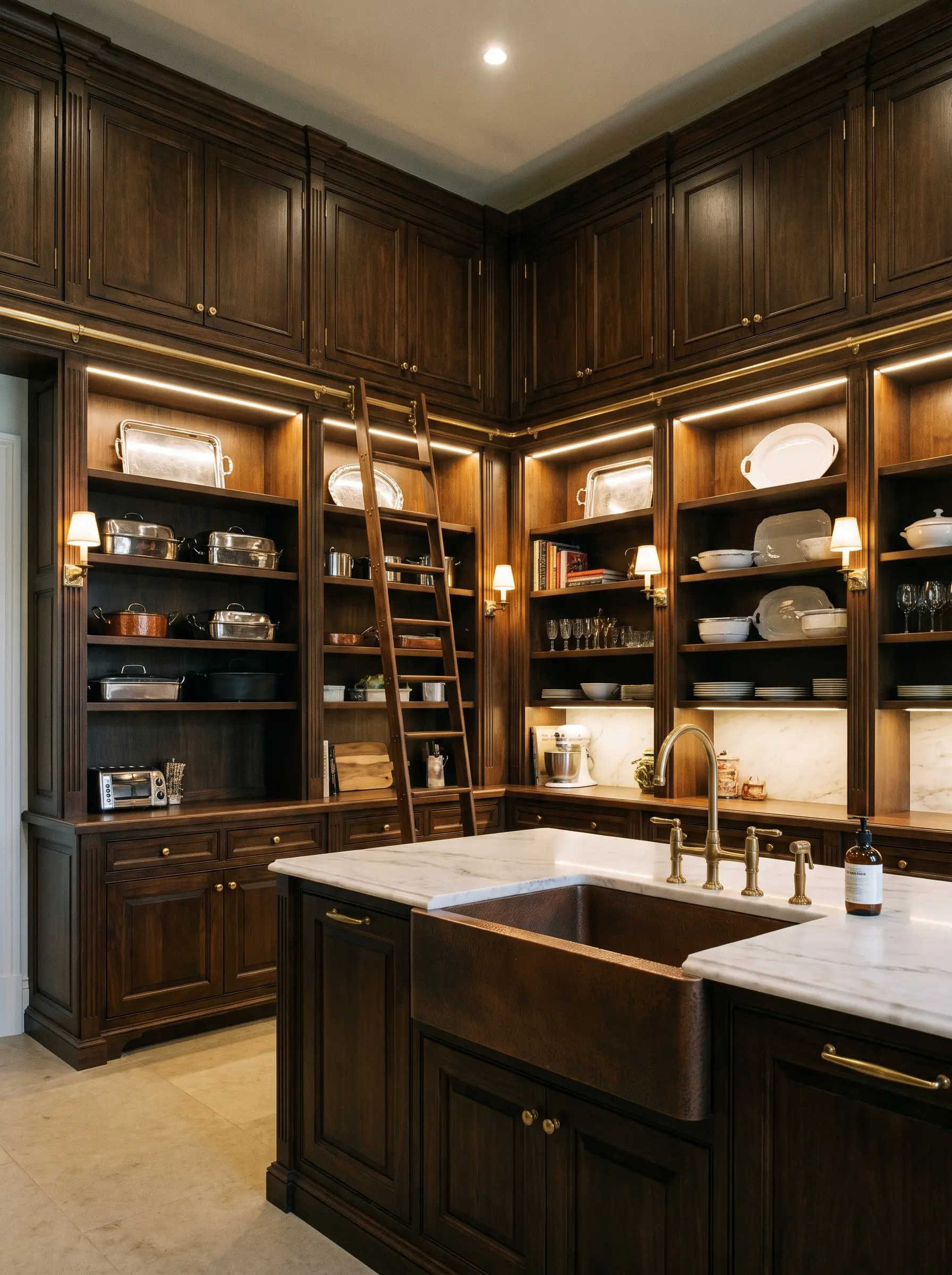 A bespoke solid wood rolling ladder with precision-milled brass tracking hardware glides along soaring ten-foot custom cabinetry storing large roasting pans and holiday platters.