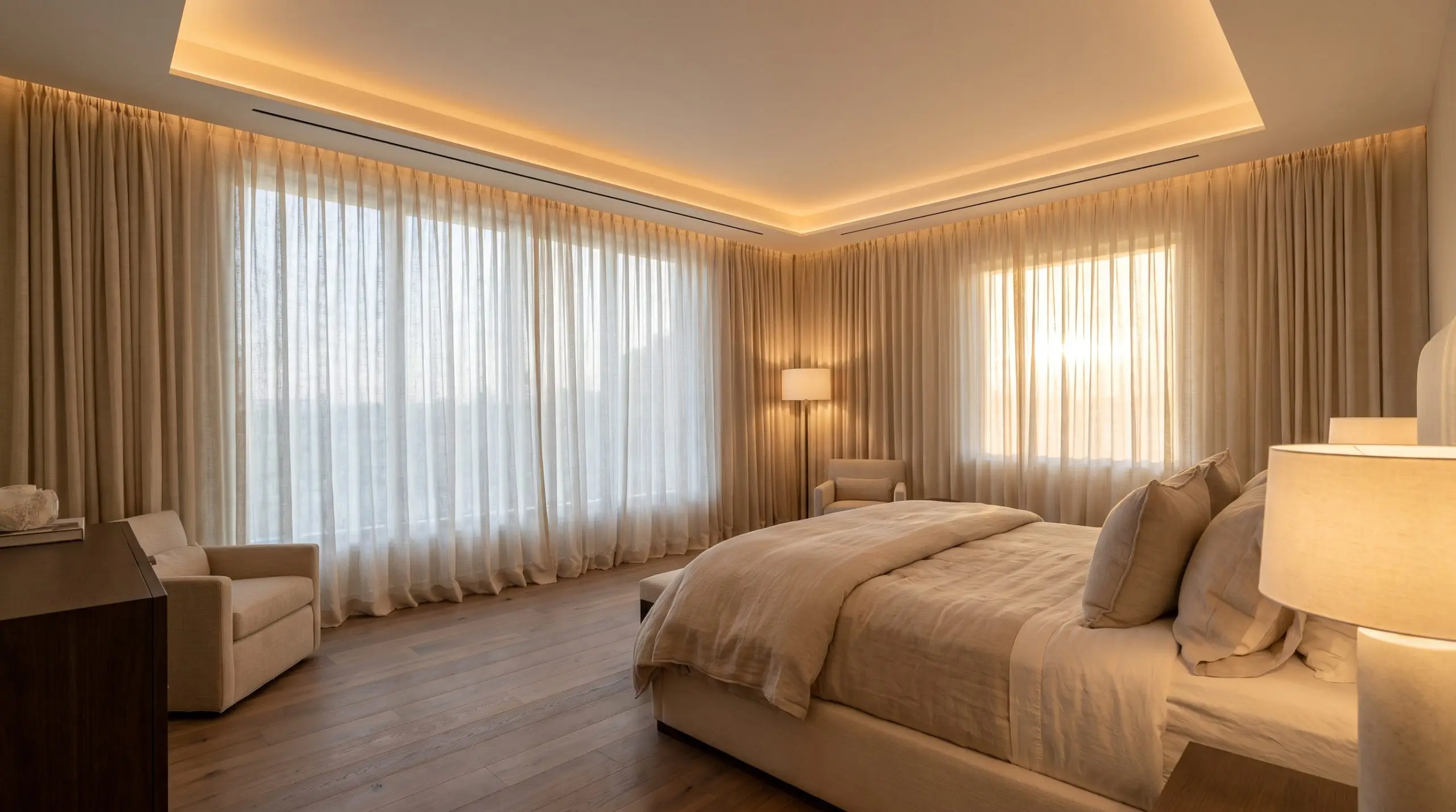 Tenda filtrante continua in misto lana e lino fiammato che riveste l'intera parete dietro a un letto imbottito in stile boutique hotel.