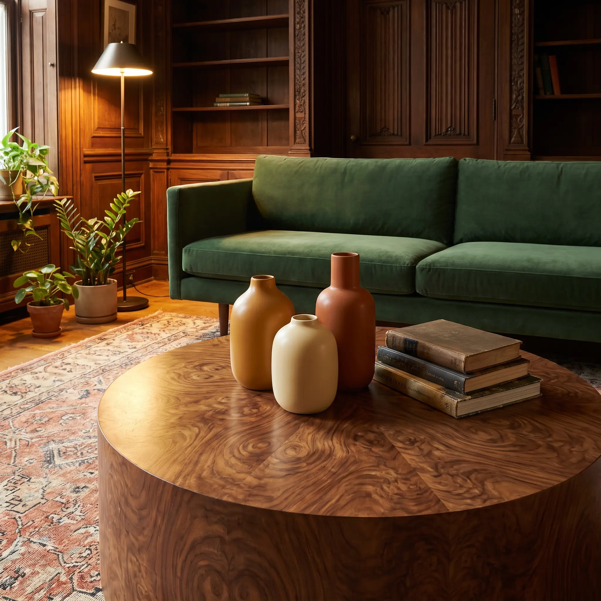 A walnut burl veneer coffee table displays solid-colored ceramic vases and stacked vintage books in front of a sleek modern sofa.