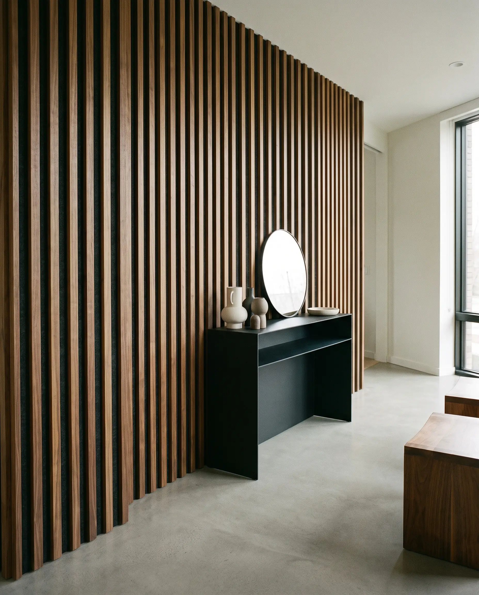Vertical natural walnut veneer slats backed by dark acoustical felt frame a minimalist matte black console table over a micro-cement floor.