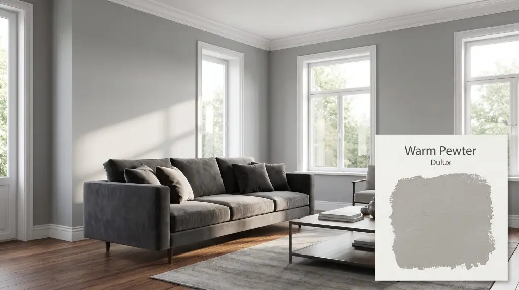 Sunlight illuminates a sleek charcoal velvet sofa resting on warm walnut flooring beneath Warm Pewter (Hex #A2A5A5) painted walls.