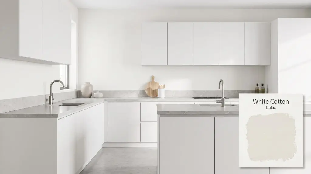 Sleek white cabinetry and gray stone countertops line a modern kitchen finished in Dulux White Cotton (Hex #EEEFEA) under bright daylight.
