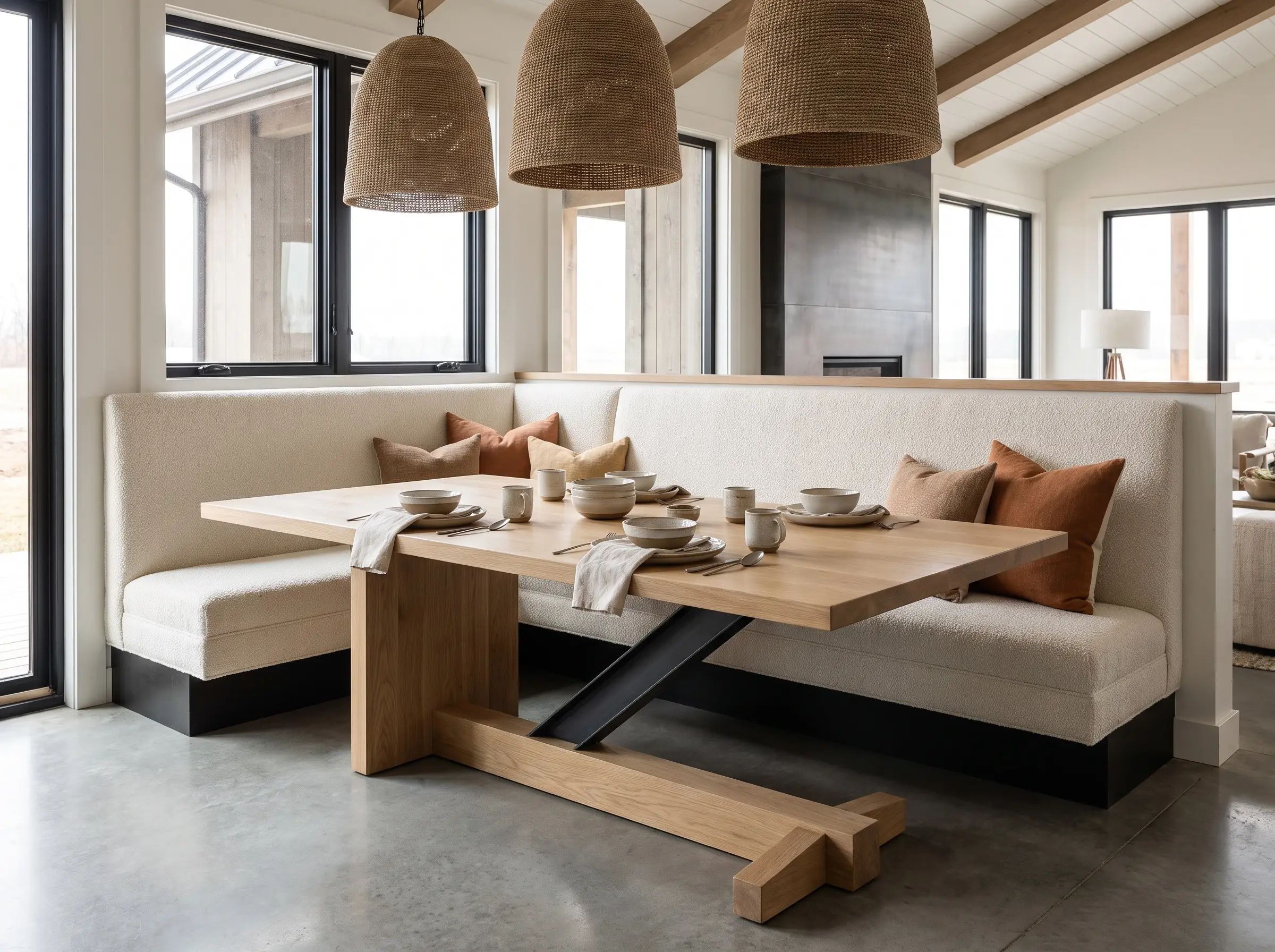 A custom solid white oak dining table features a recessed cantilevered trestle base aligned perfectly with a built-in upholstered dining banquette.