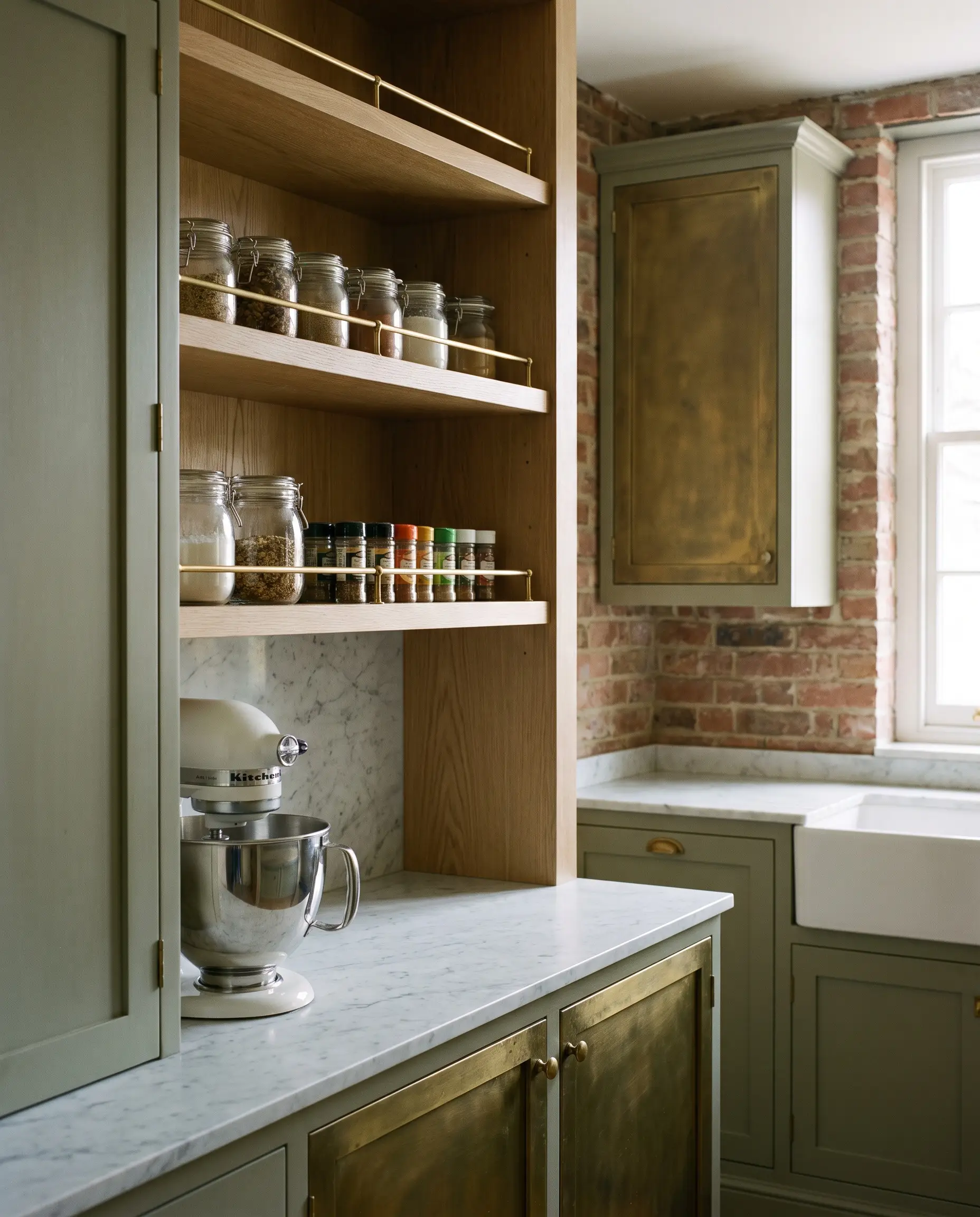 Slim-profile rift-sawn white oak open shelving features a thin brass gallery rail securing glass jars and spice canisters above a countertop holding a stand mixer.