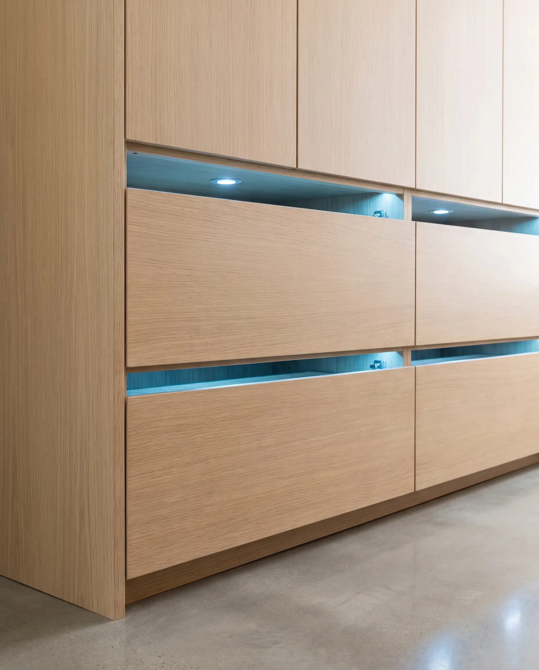 Flat-panel white oak shoe drawers feature a tiny shadow-gap air intake revealing a cool blue glow from an internal UV-C sanitizing puck.