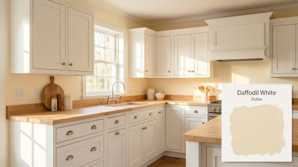 Morning light illuminates white shaker cabinets and butcher block countertops framed by soft yellow-white walls in Dulux Daffodil White (Hex #F6EBCD).