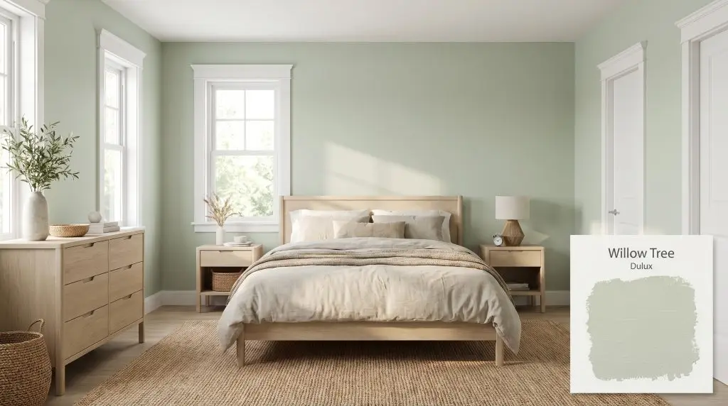 Pale oak furniture and woven natural-fiber textures sit against crisp white trim and Dulux Willow Tree walls (Hex #C9D7C4) in morning sunlight.