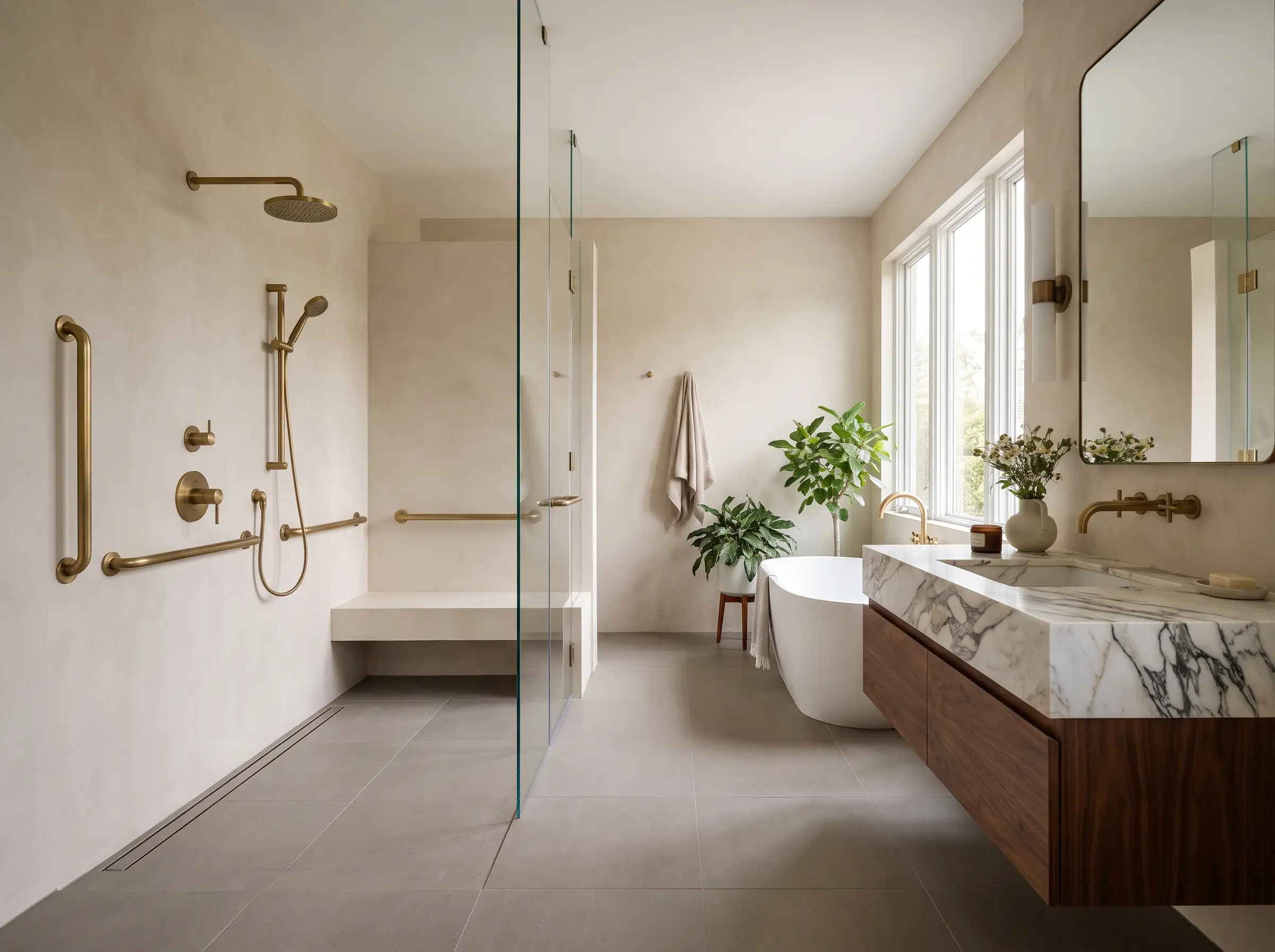 A zero-entry curbless shower features unlacquered brass support grab bars alongside slip-resistant silt floor tiles, hand-troweled plaster walls, and a floating walnut vanity.