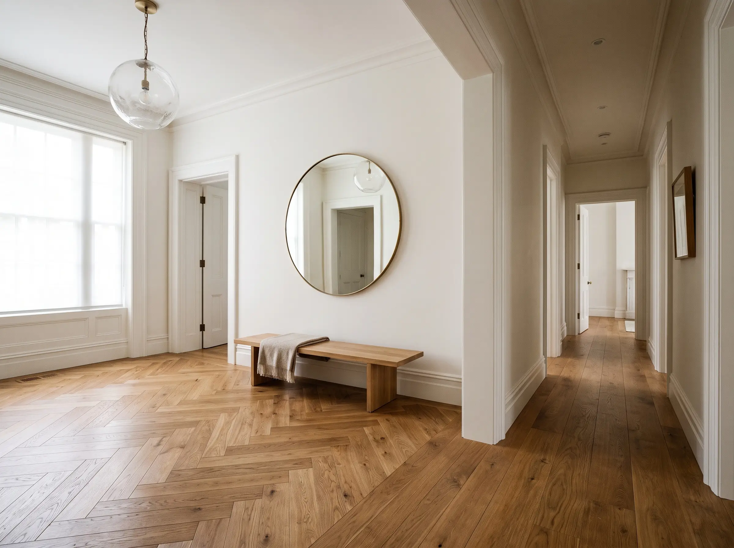 Una raffinata posa a spina di pesce in legno caldo sfuma nella posa a correre nell'ingresso, impreziosito da una panca minimale in rovere e un grande specchio in ottone.